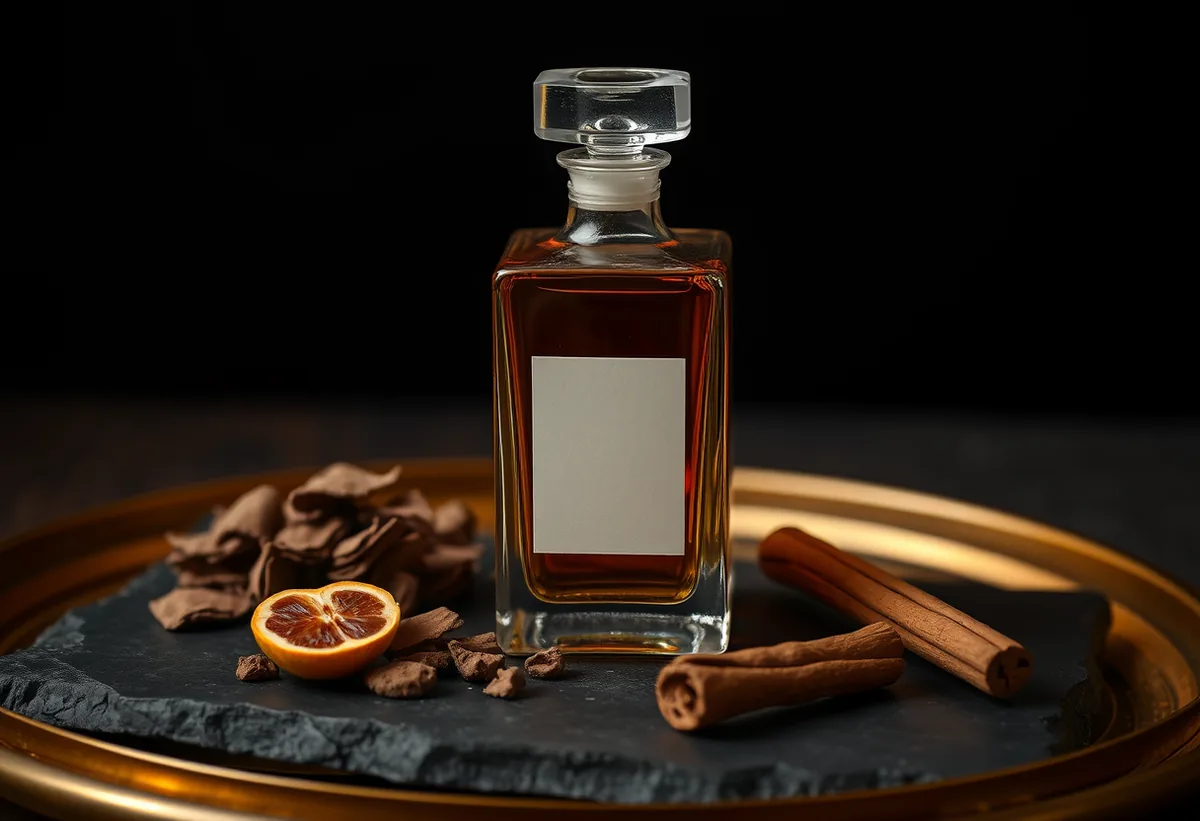 A heavy amber cologne bottle beside oud wood chips and a bergamot slice on dark slate