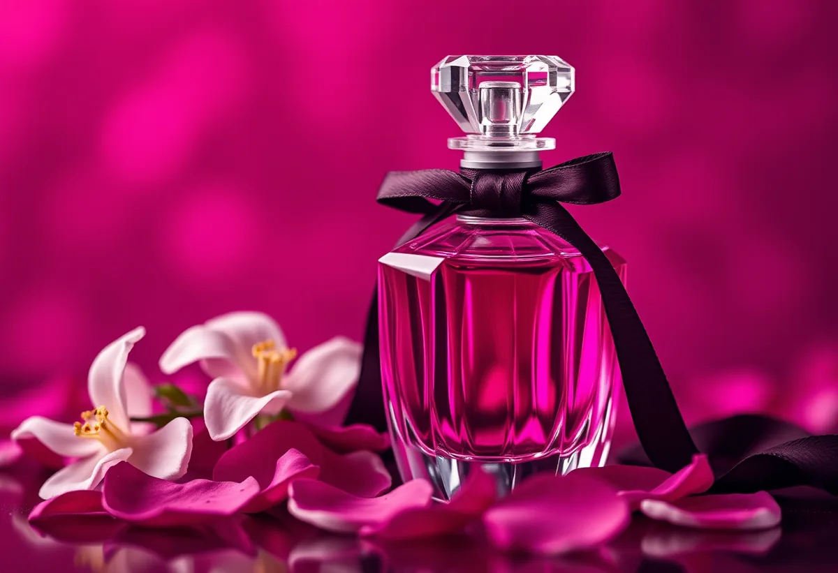 A magenta and rose perfume flacon with silk ribbon and jasmine blossoms in soft glow