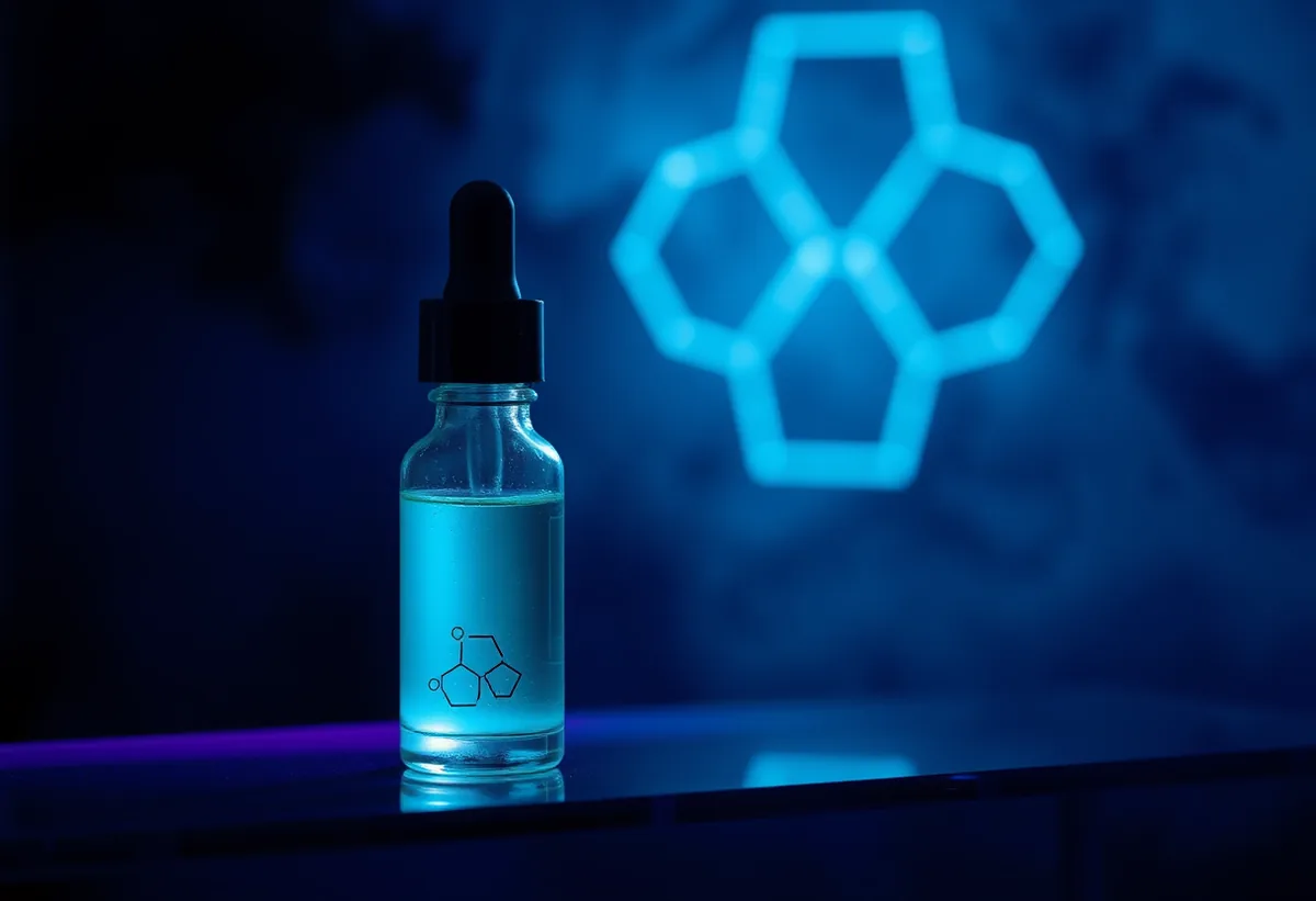 Teal-glowing glass vial with skeletal molecule line-art floating in mist, violet shadows