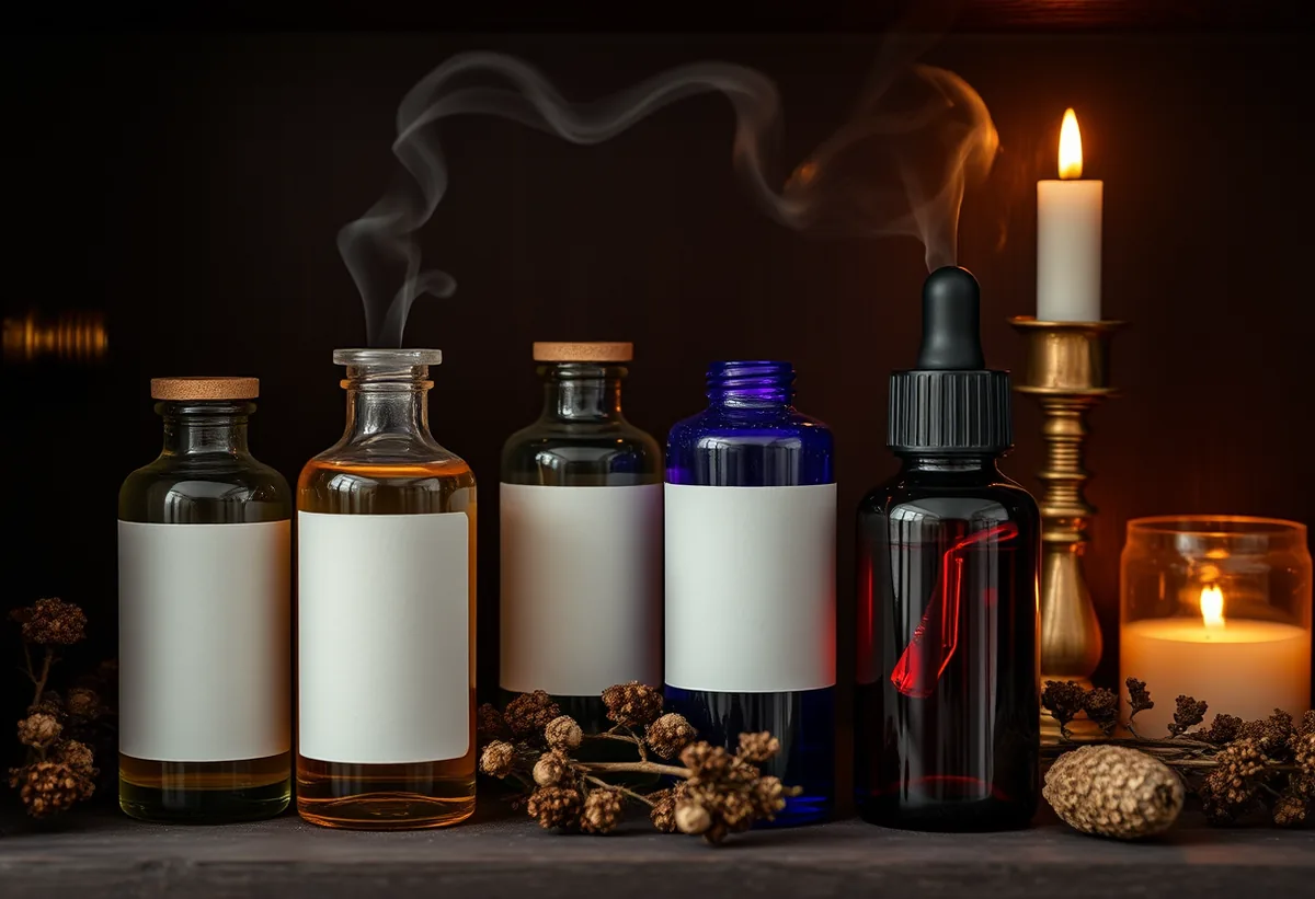Apothecary shelf of potion-like glass vials with glowing amber and violet liquids, steam and brass