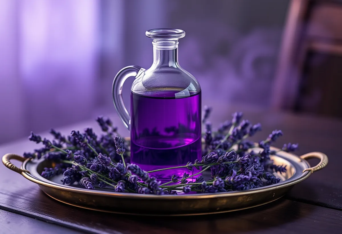 Lavender sprigs curl around a violet glass flask on a weathered brass tray