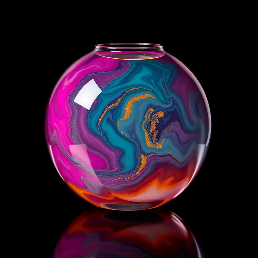 A round glass bottle holds a magenta and teal swirl