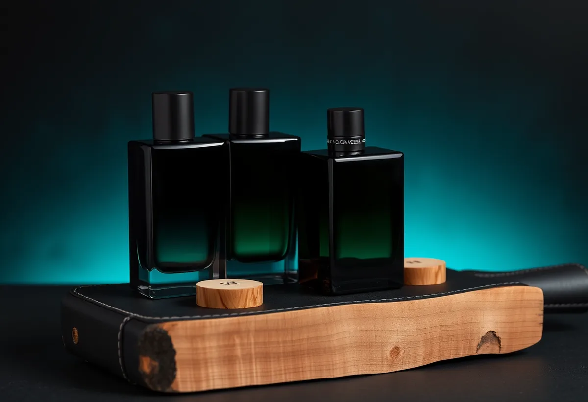 Three masculine bottles in dark glass with cedar and leather, teal accent glow