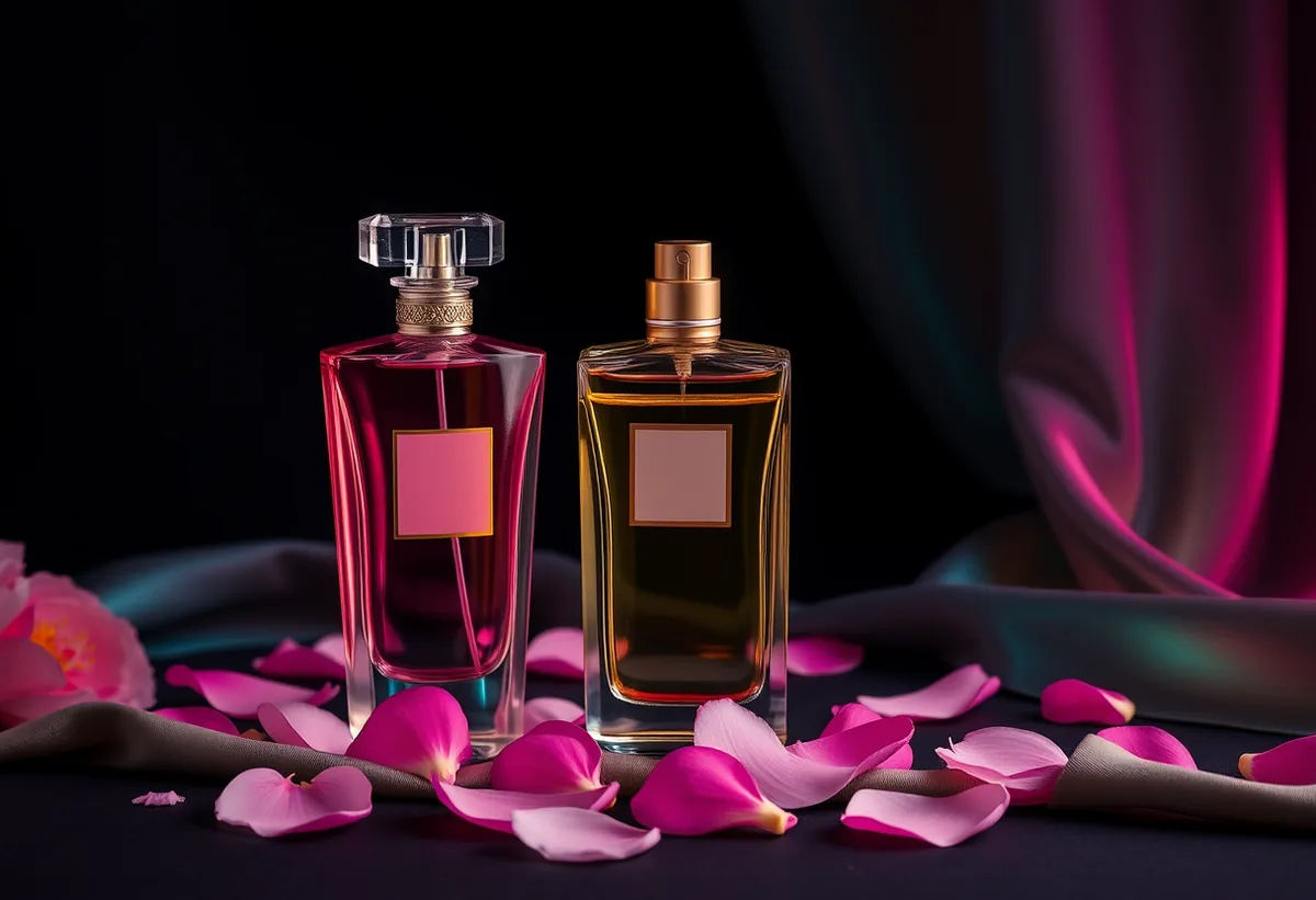 Three elegant feminine perfume bottles with petals and a teal-magenta glow