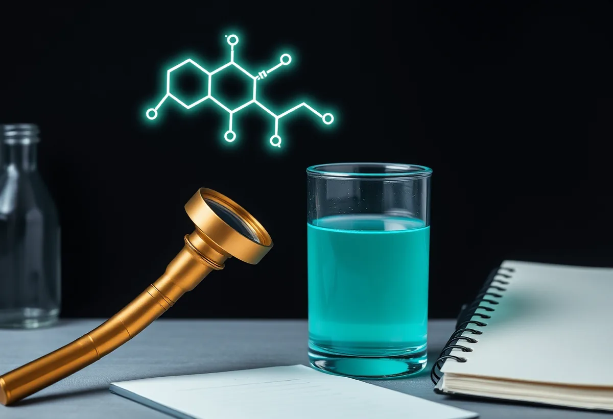 Skeptical-science still life: glass beaker of teal liquid beside a magnifying lens and molecule sketch glow