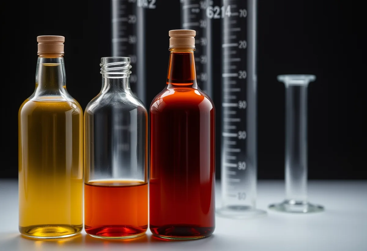 Three bottles of the same shape filled to different depths of amber, with graduated glass cylinders