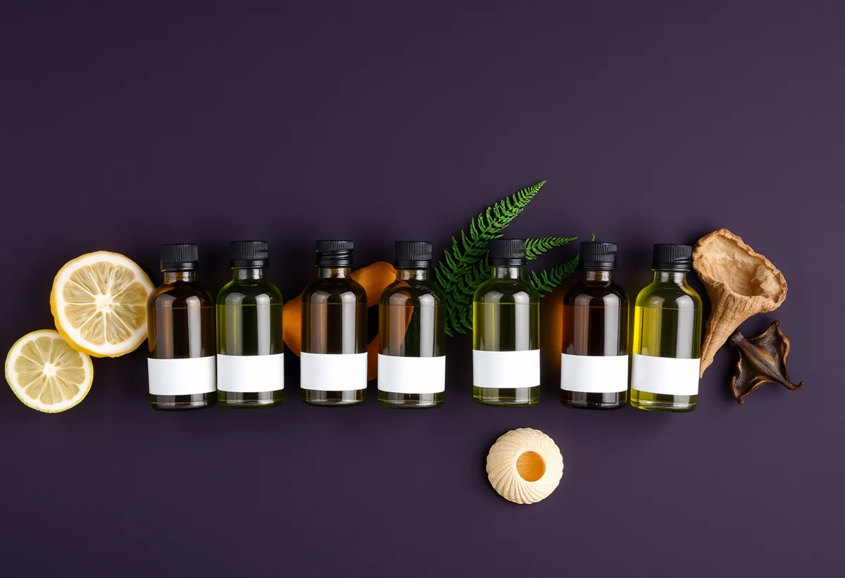 Seven small bottles arranged in a fan, each with a different natural ingredient