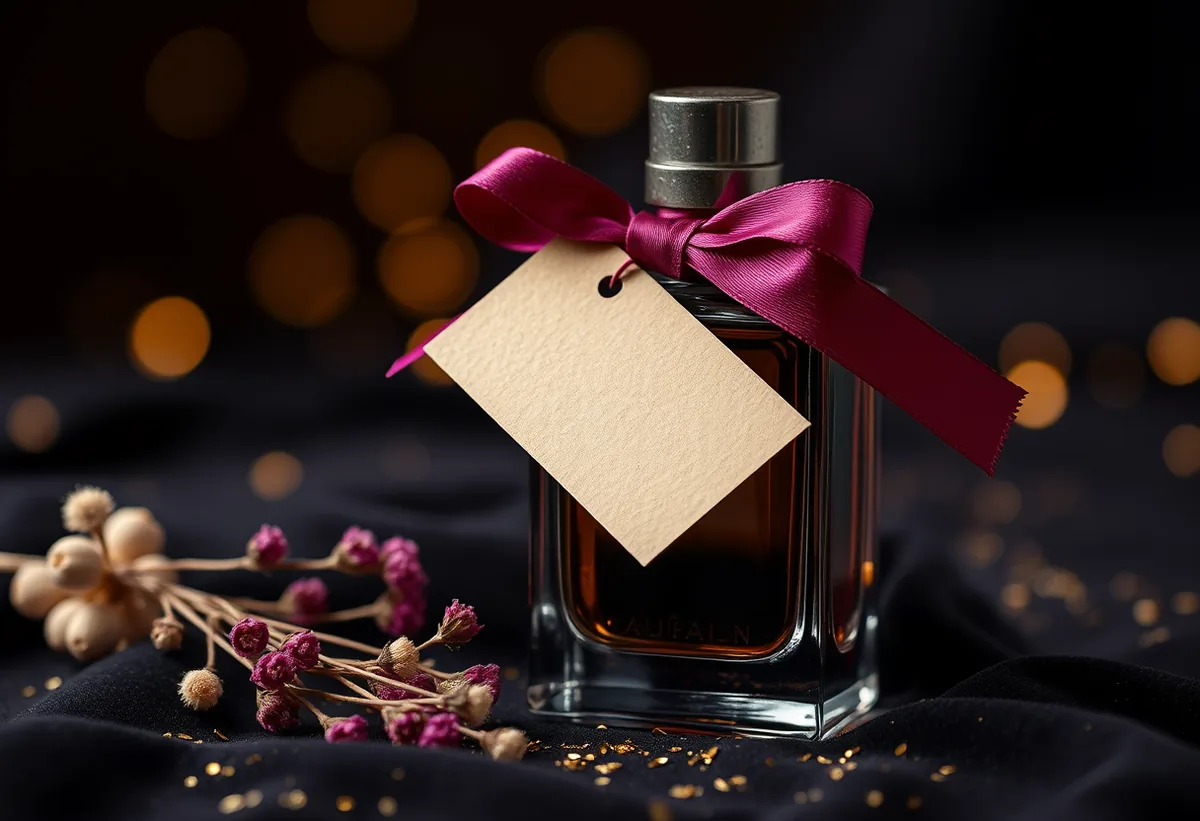 A bottle tied with silk ribbon beside a blank gift tag and dried flowers