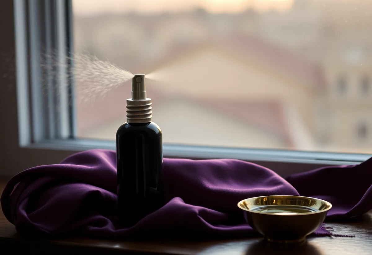 Perfume atomizer mist near a silk scarf and pulse-point-inspired brass dish
