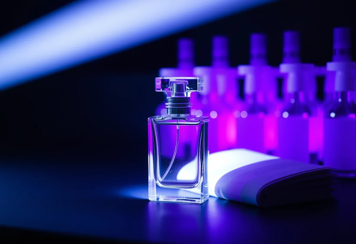 A single bottle chosen from a row of blurred bottles, spotlit
