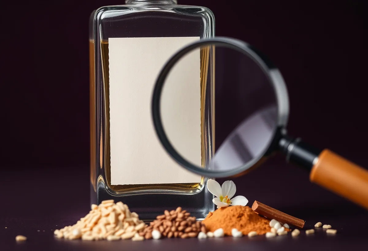 Macro of a glass perfume bottle with a blank cream label, top mid and base ingredient botanicals arranged beside it