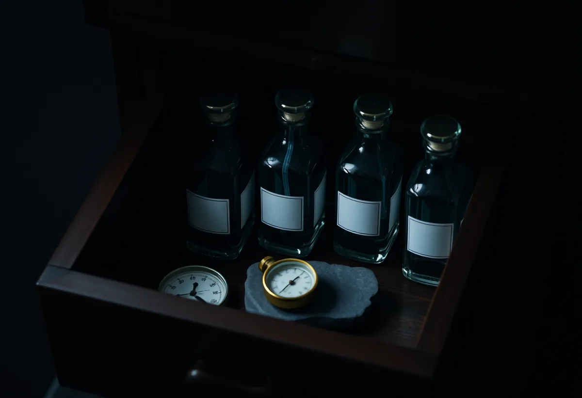Dark wooden cabinet shelf with bottles away from light, cool stone and a thermometer