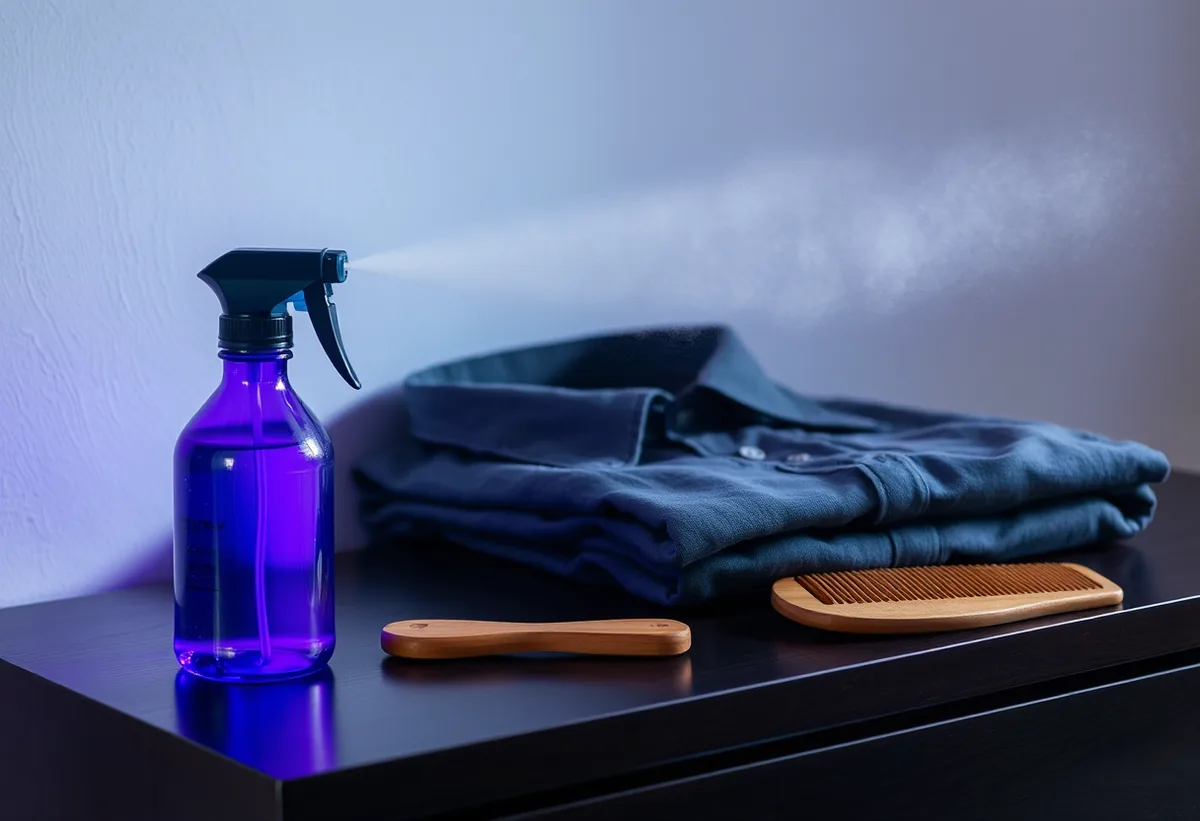 A bottle with a fine mist spray catching violet light beside a folded dark shirt collar-like linen