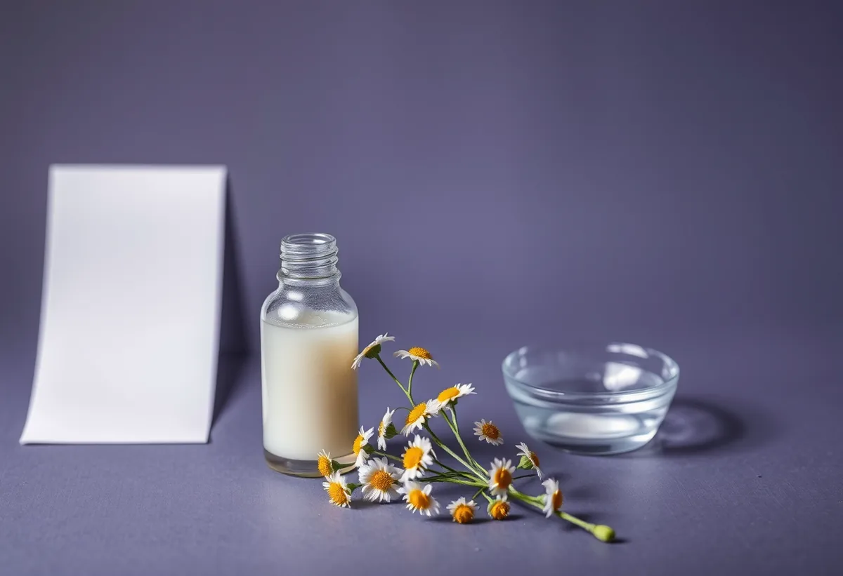 A small blotter card and a dropper bottle with a sprig of chamomile, clinical and calm