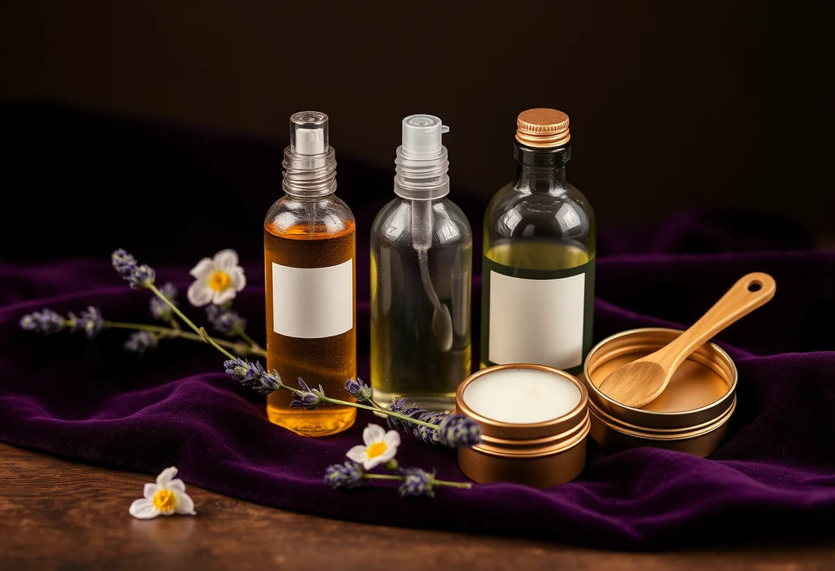 Assorted potion-like vials: a roller bottle of oil, a misting bottle and a brass solid-perfume tin among botanicals