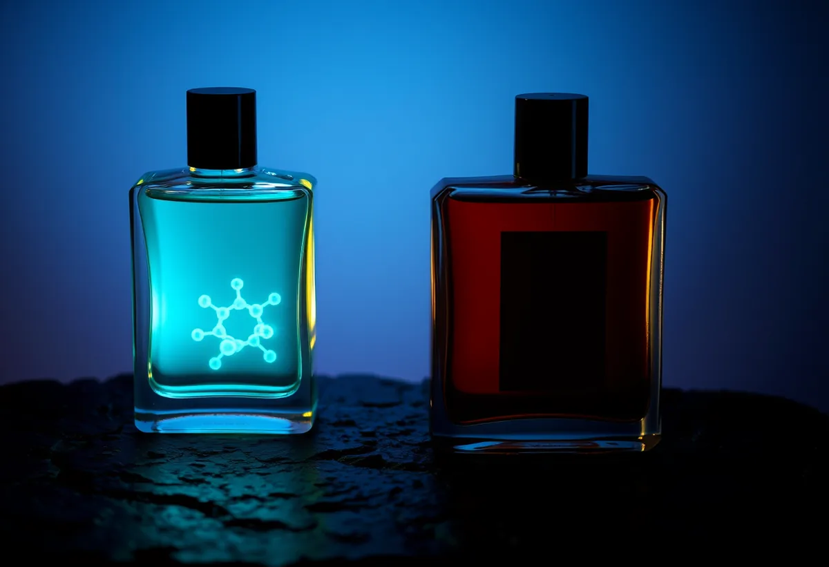 Two cologne bottles, one teal-glowing with molecule motif, one plain amber, side by side