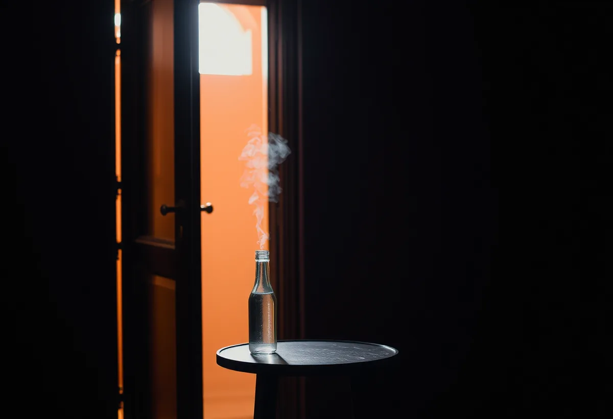 Two glass bottles with a soft shared halo and a closed door ajar glow of warm light