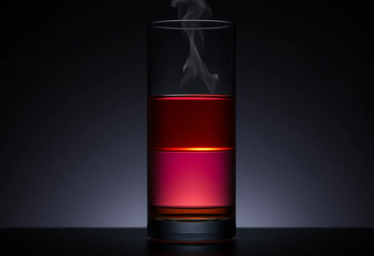 Layers of colored liquids stacked in a tall glass, violet, amber, rose