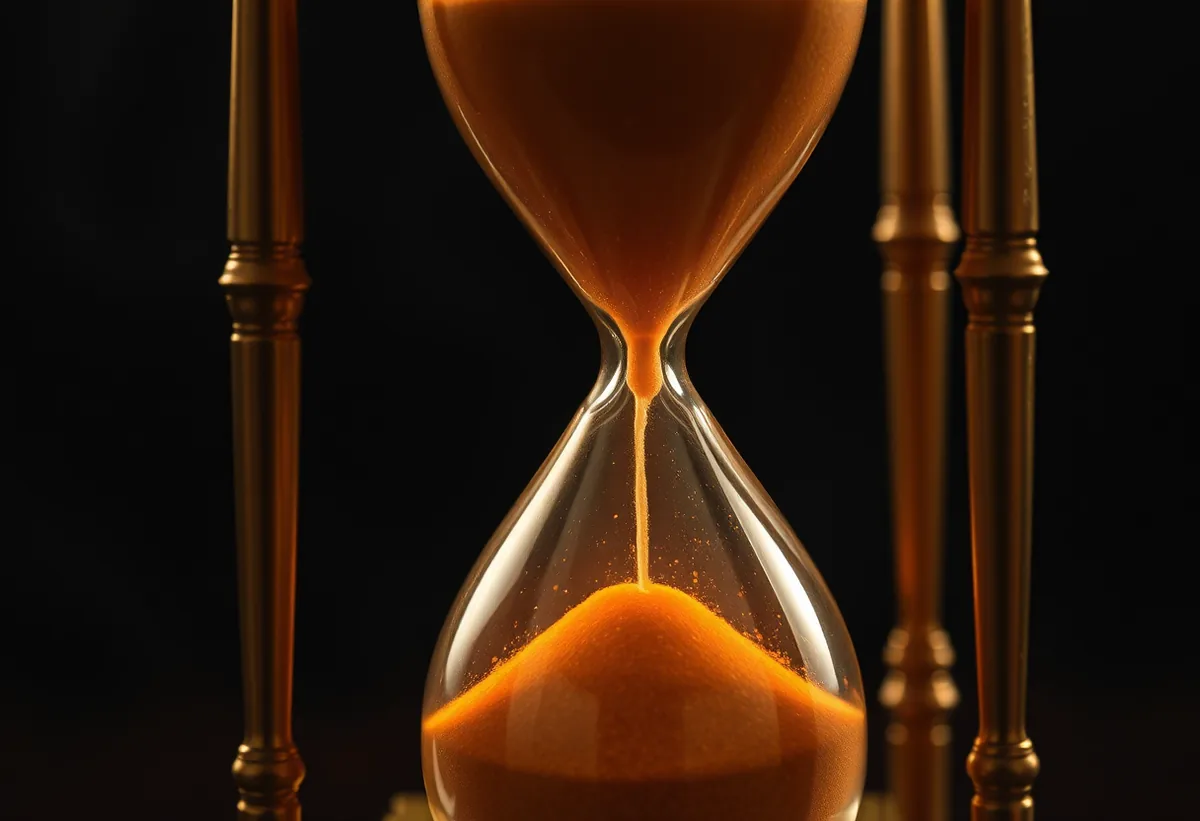 An hourglass of amber liquid with vapor trail dissipating into darkness