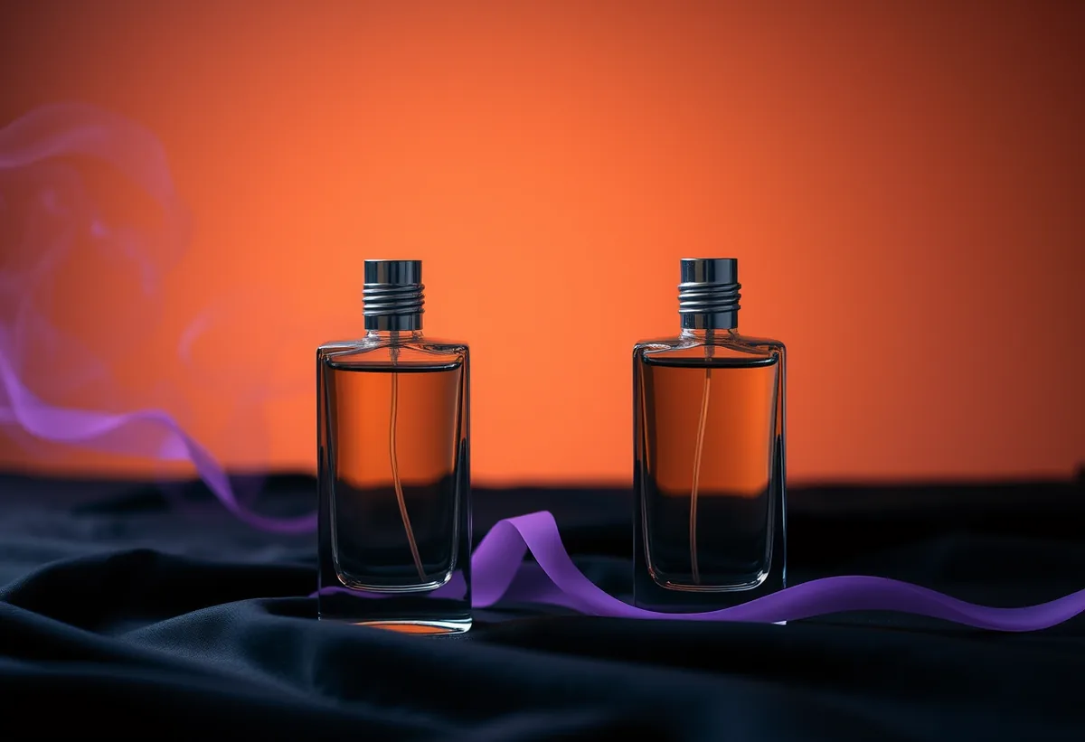 Two separate glass bottles side by side with a gentle bridge of glowing vapor between them