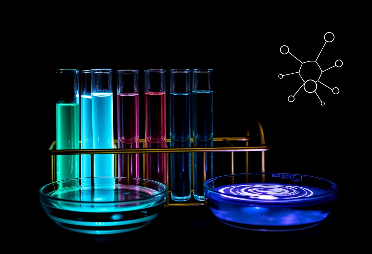 Glass petri dishes and test tubes with glowing teal liquid and a faint molecule diagram