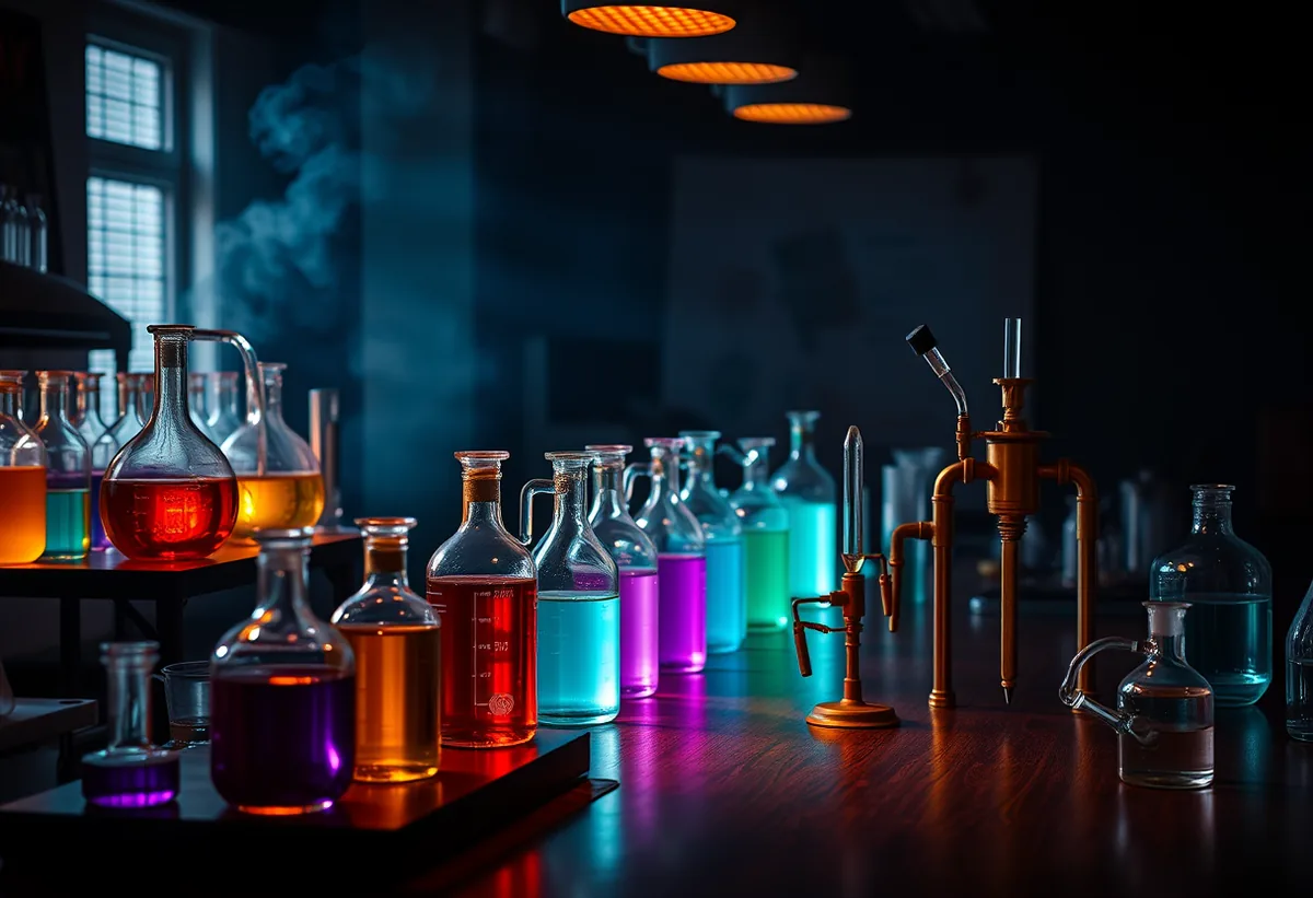 Brass microscope-style apparatus and glass beakers with glowing liquids in a perfumer's laboratory