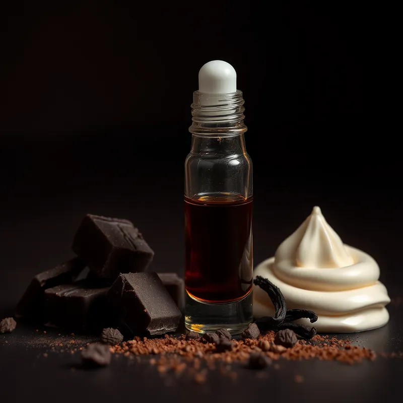 Roller bottle with chocolate chunks, cocoa dust and vanilla (generic unbranded still life)