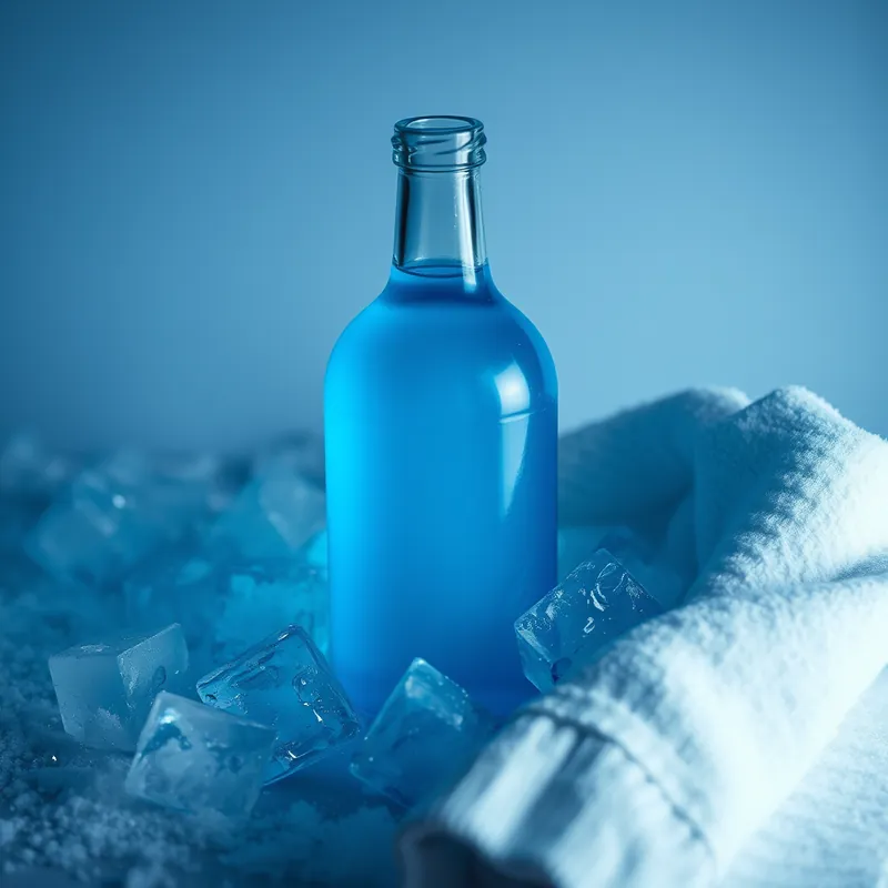 Ice-blue splash bottle among ice cubes and frost (generic unbranded still life)