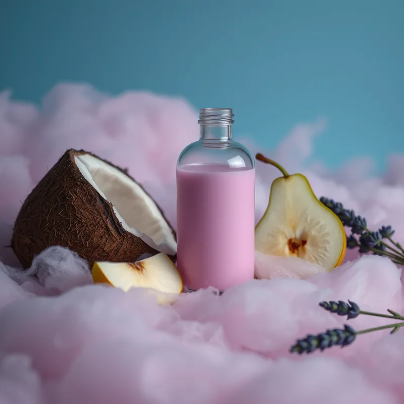 Pastel bottle on soft clouds with coconut, pear and lavender (generic unbranded still life)
