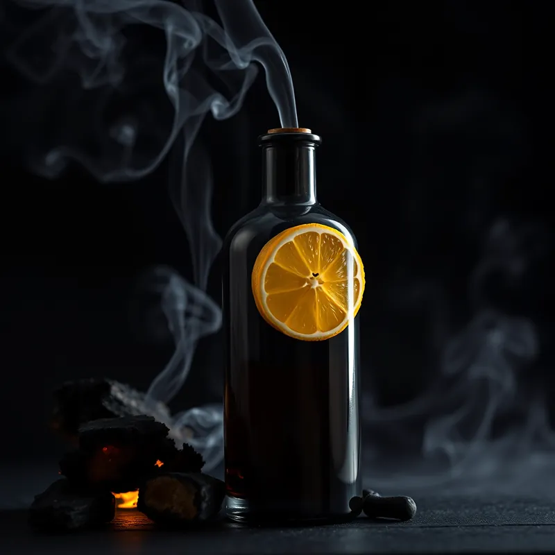 Dark bottle with lemon half, charred wood and grey smoke (generic unbranded still life)