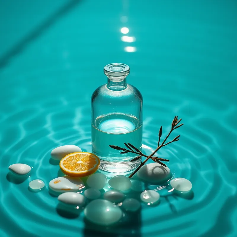 Aqua bottle with sea-glass pebbles, water ripples and cedar (generic unbranded still life)
