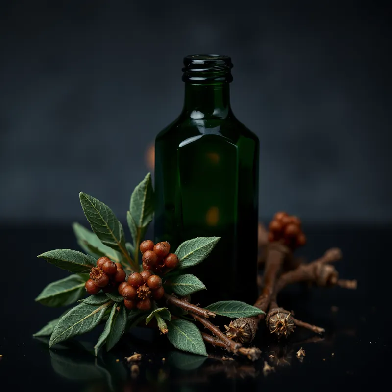 Green faceted bottle with juniper berries, sage and ember glow (generic unbranded still life)