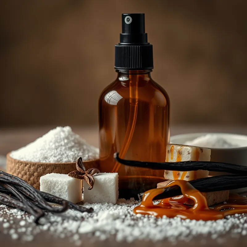 Amber spray bottle with sugar crystals, cubes and vanilla (generic unbranded still life)