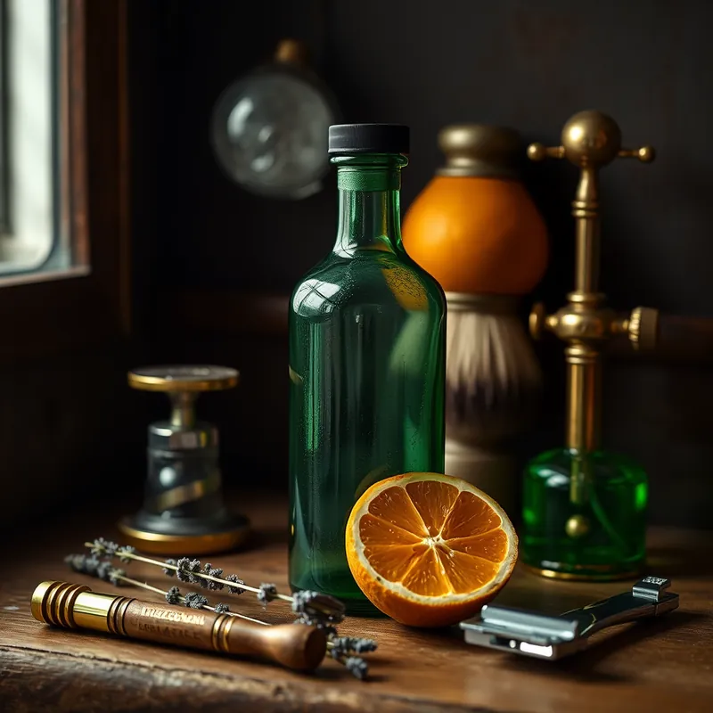 Green splash bottle on a barber shelf with brush and spices (generic unbranded still life)