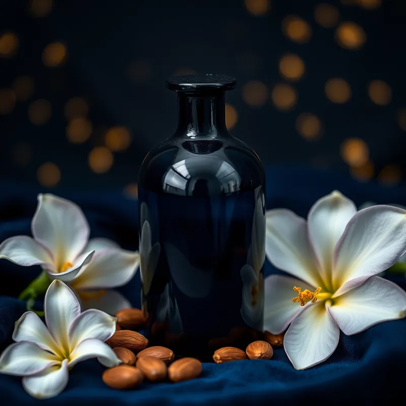 Navy bottle with tuberose, jasmine, tonka beans and almonds (generic unbranded still life)