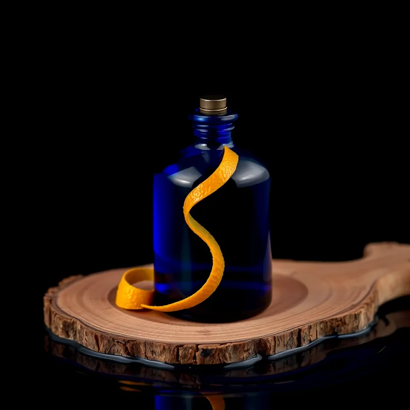 Midnight blue bottle with citrus peel, cedar and swirling blue ink (generic unbranded still life)