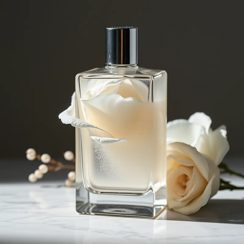 Clear rectangular bottle with a white rose and sparkling bubbles, high-key (generic unbranded still life)