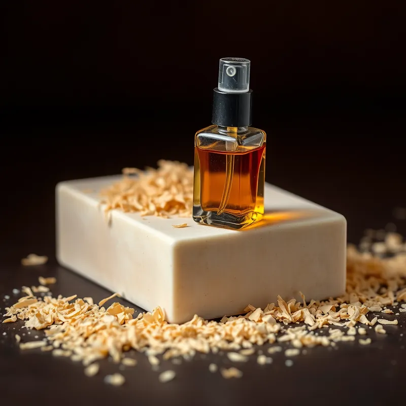 Small amber spray vial on a sandalwood block with shavings (generic unbranded still life)