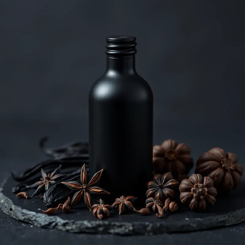 Black bottle with black vanilla pods, star anise and walnut wood (generic unbranded still life)
