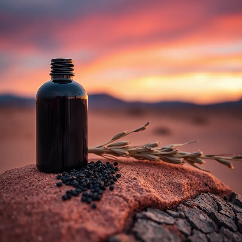 Dark bottle on sandstone with desert grass at dusk (generic unbranded still life)