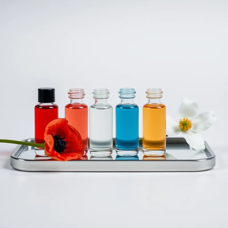 Four mini bottles in different colors on a mirrored tray (generic unbranded still life)