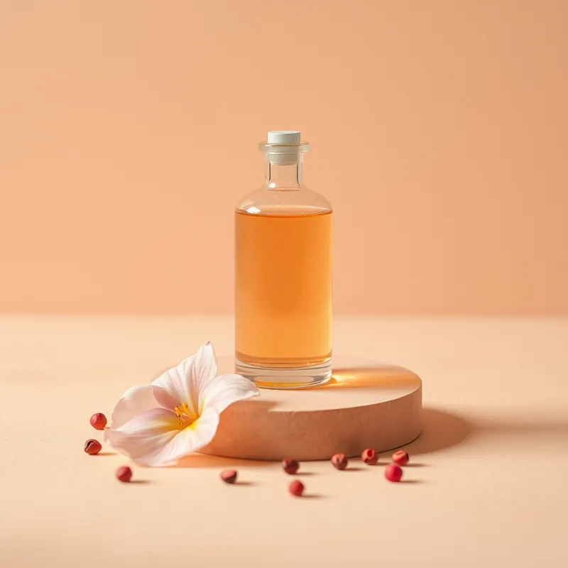 Peach bottle on plaster with pink peppercorns and iris petal (generic unbranded still life)