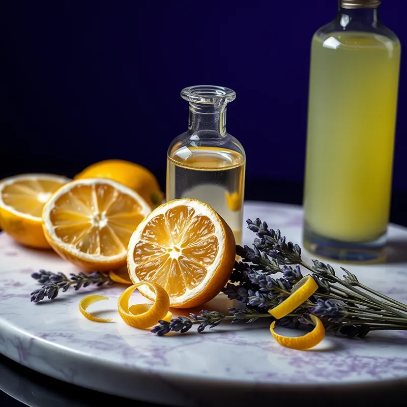 Clear bottle with lemon peel, bergamot and lavender (generic unbranded still life)