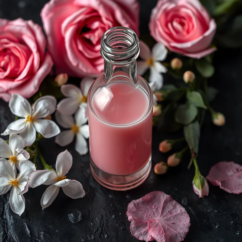 Clear bottle with jasmine flowers and pink roses (generic unbranded still life)