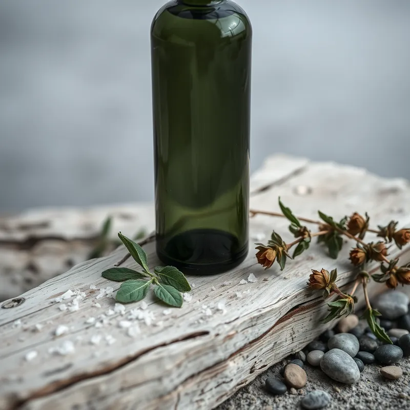 Grey-green bottle on driftwood with sea salt and sage (generic unbranded still life)
