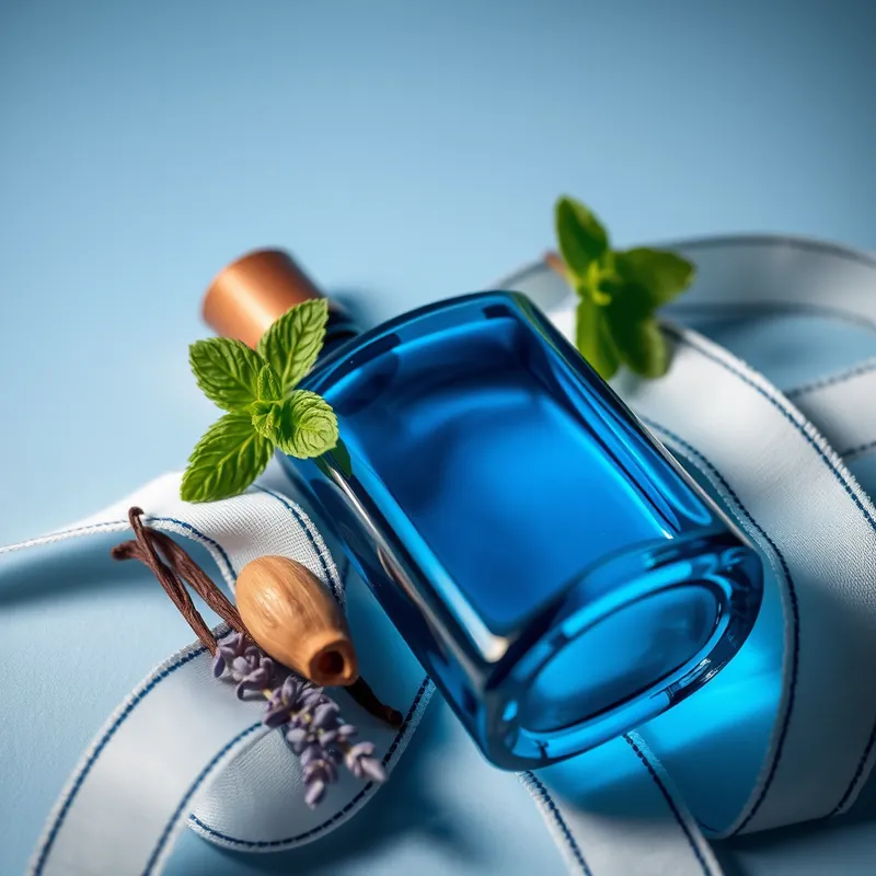 Blue glass bottle with mint leaves, lavender and vanilla pod on striped ribbons (generic unbranded still life)