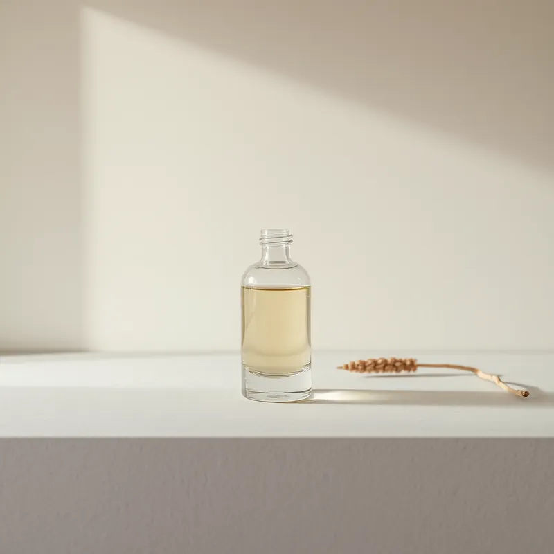 Plain clear bottle in minimal pale composition with a sliver of wood (generic unbranded still life)