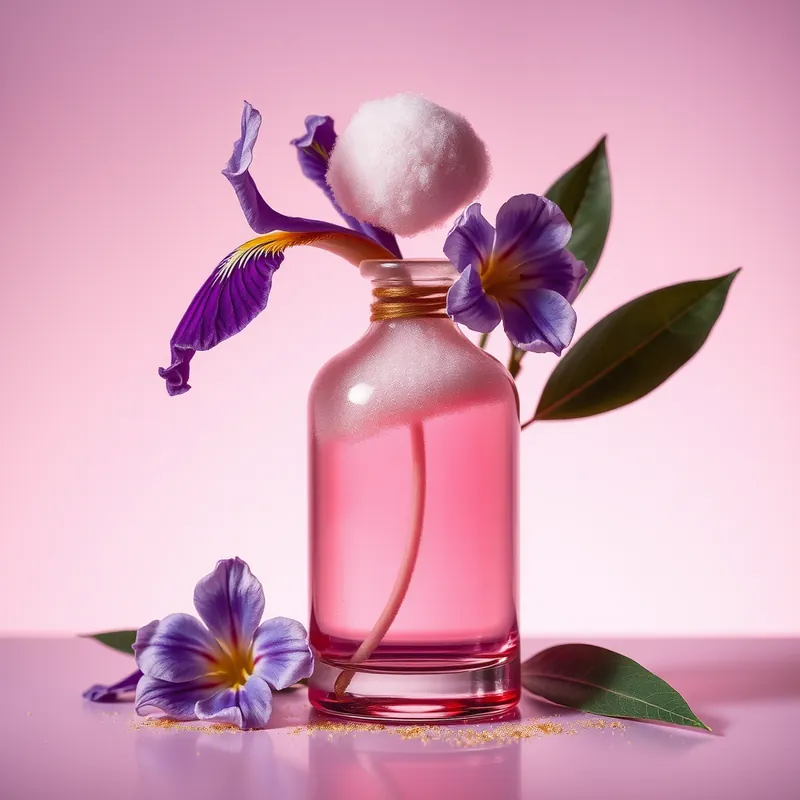Pink bottle with spun sugar, purple iris and glitter dust (generic unbranded still life)