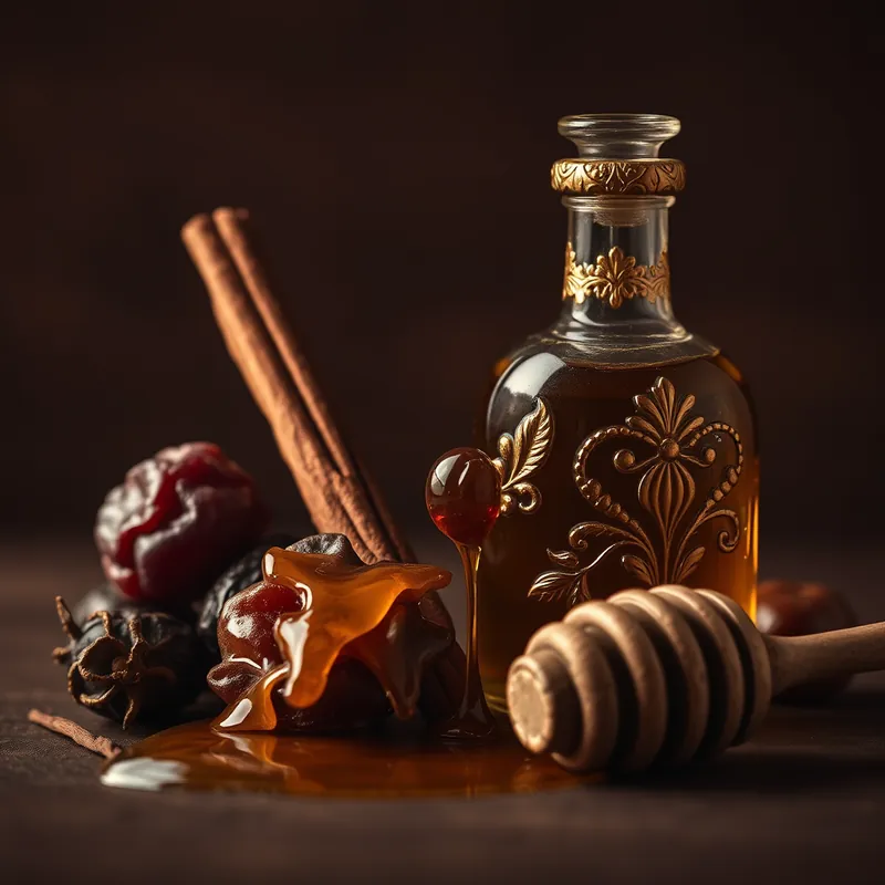 Golden bottle with cinnamon, dates, honey and amber resin (generic unbranded still life)