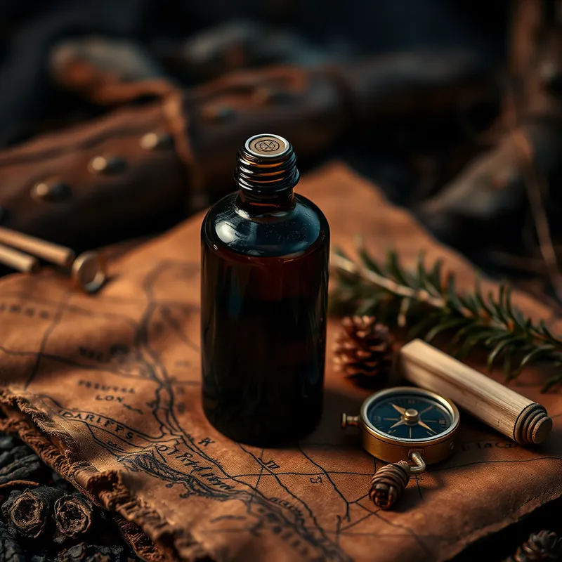 Rugged bottle on leather with brass compass and cedar (generic unbranded still life)